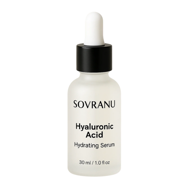 Sovranu radiance acid, hyaluronzuur serum in een matglazen flesje met pipet